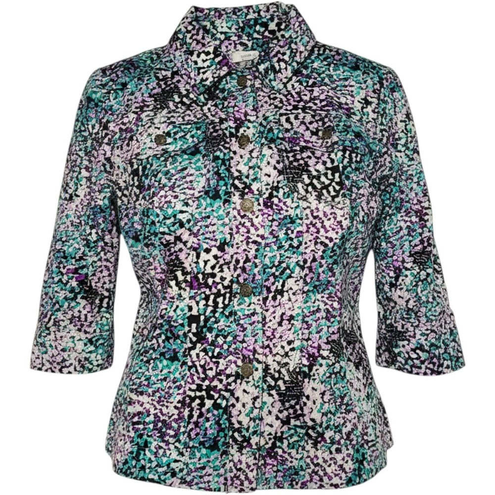 CJ Banks Womens 1X Purple Teal Abstract Mosaic Button Front 3/4 Sleeve Jacket